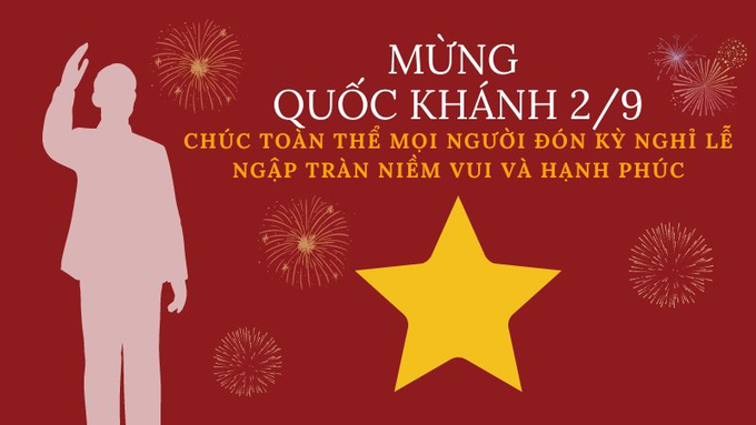 A red Vietnamese National Day (Mừng Quốc Khánh 2/9) greeting card with fireworks, a yellow star, and the text 'Chúc toàn thể mọi người đón kỳ nghỉ lễ ngập tràn niềm vui và hạnh phúc'.