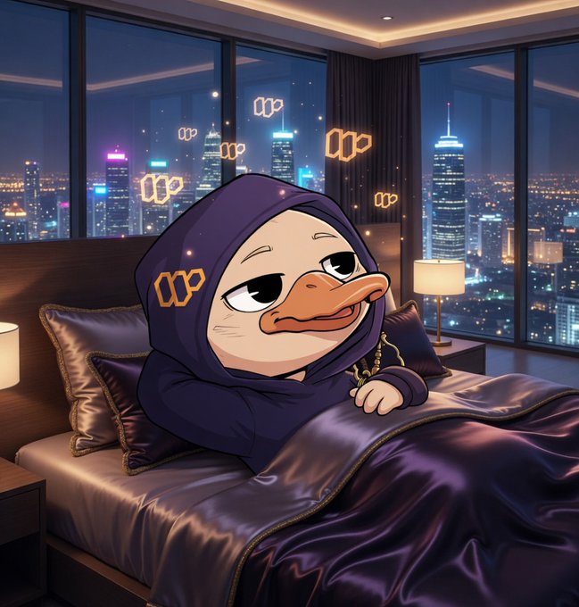 The image features a cartoon duck wearing a hoodie while lying down on a bed with a pillow. The background shows a city skyline at night, creating an urban atmosphere for the scene. The text within the image reads "GN @Wallchain", which is likely a part of a social media account or a personal blog.