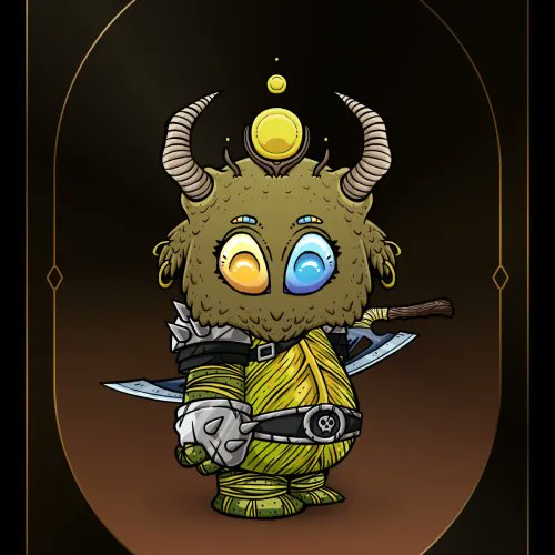 The image features a cartoon character with horns, dressed as a knight holding a sword and shield. The character has a yellow outfit and is standing against a black background. The character's face is lit up with a big smile, giving off a friendly vibe. The post about Koda #7634 mentions that the character was bought for 0.912 WETH cunami.eth by someone named Oswiki.XYZ.io/browse/koda wtf is this thing.