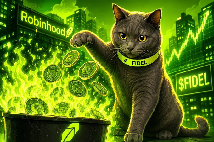 A gray cat wearing a green "FIDEL" collar pulls branded coins from a flaming cauldron, set against a neon cityscape featuring a "Robinhood" sign and a "$FIDEL" ticker with rising green charts — visually embodying the post's message of $FIDEL evolving from a meme into a community-driven cultural catalyst attracting early gem hunters.