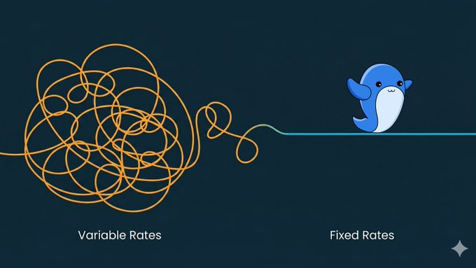 Illustration comparing 'Variable Rates' (depicted as a tangled mess of orange string) with 'Fixed Rates' (depicted as a calm blue whale character).