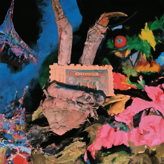 A vibrant, expressionistic painting featuring a grotesque creature or hand holding a 'CIRCUS' ticket, surrounded by colorful flowers and abstract elements against a dark background.