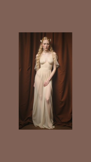 A portrait photograph of a young woman with long blonde hair wearing a flowing sheer cream-colored dress with floral hair accessories, posed against a brown curtain backdrop.