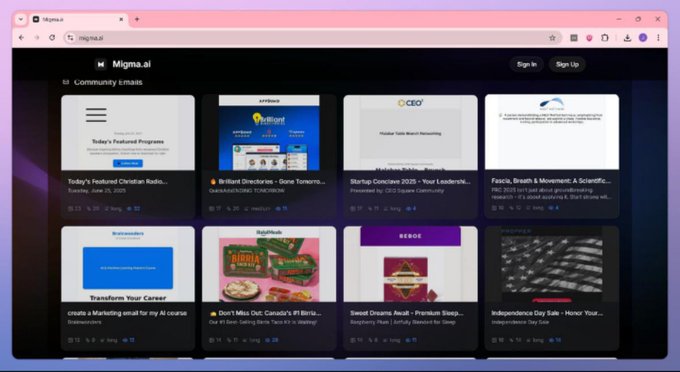 A screenshot of the Migma.ai website showing a "Community Emails" section with various email marketing campaign previews including Christian Radio, Brisbane Directories, Startup Conclaves, and Independence Day Sale.