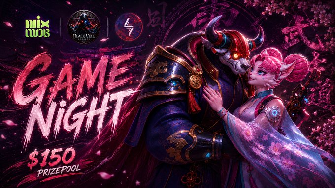 A promotional graphic for an esports 'GAME NIGHT' event with a $150 prize pool, featuring logos for Nix Cloud, BlackVeil, and another team, alongside artwork of two fantasy characters embracing amidst cherry blossoms.