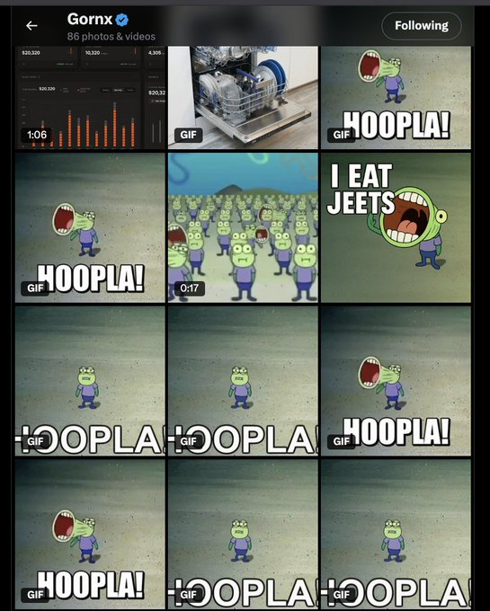 The image shows a Twitter profile gallery for "Gorn" (@gornx0x) featuring repeated GIFs of a green cartoon character with captions like "HOOPLA!" and "I EAT JEETS," connecting to the post's hype about $HOOPLA and its founder's meme-filled lore.