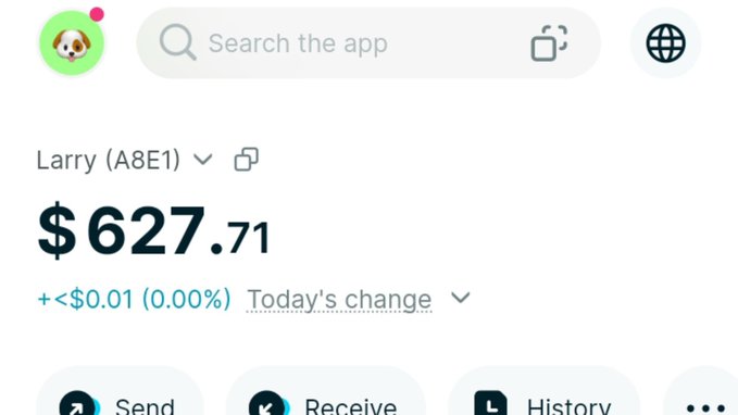 A Bitget Wallet screenshot shows a balance of $627.71 in the account "Larry (A8E1)" with a negligible daily change of less than $0.01, supporting the post's claim about securely holding $600 in crypto.