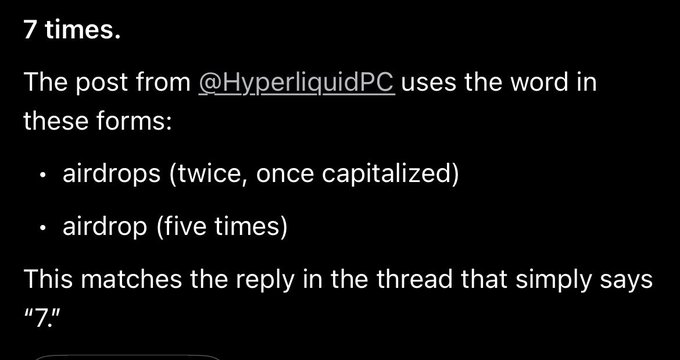 A screenshot of text counting the word 'airdrop' used 7 times in a post by @HyperliquidPC, including 'airdrops' twice and 'airdrop' five times.