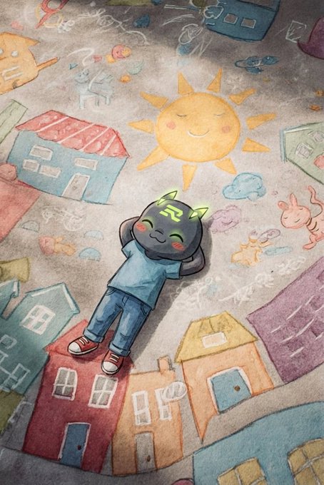 A whimsical watercolor illustration features a small character with an 'R' on its face and green horns, peacefully sleeping on a rooftop among pastel-colored houses, a smiling sun, and crayon-like doodles.