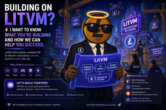 The image features a cartoon character dressed as a businessman, holding a blue book titled "Building On LitecoinVM?". The character appears to be wearing sunglasses and a suit, giving them an air of professionalism. The background shows a cityscape with buildings under construction, indicating that the character is in a city where new projects are being built or developed. The post also mentions the importance of building on LitecoinVM and how it can help you succeed.