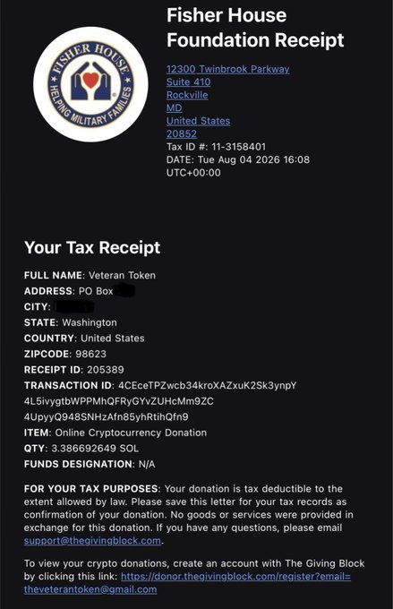 A Fisher House Foundation tax receipt addressed to "Veteran Token" for a donation of 3.386692649 SOL, issued on Tue Aug 04 2026 from Suite 410, 12300 Twinbrook Parkway, Rockville, MD (Tax ID 11-3158401). The receipt confirms an online cryptocurrency donation via The Giving Block on behalf of $VETT / HEROES Alliance, with transaction ID 4CEceTPZwcb34kroXAZxuK2Sk3ynpY.