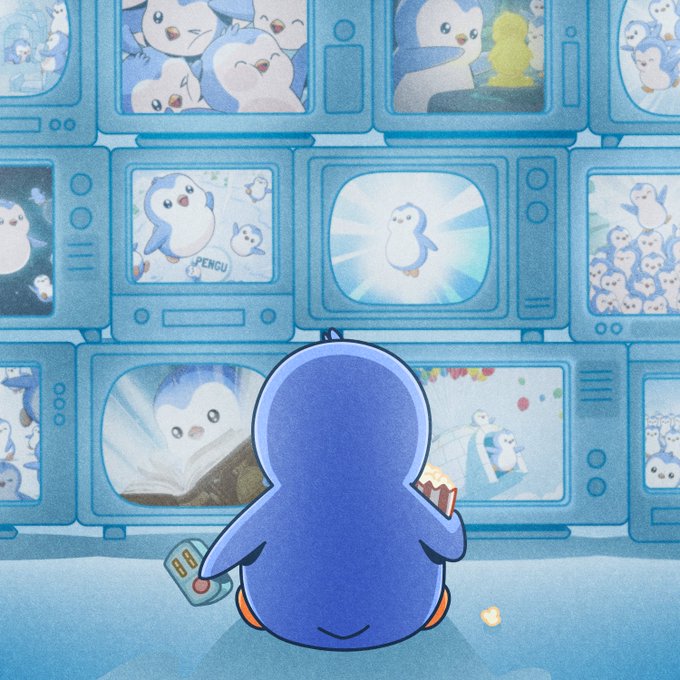 An illustration of a blue penguin facing away, holding a remote and popcorn, looking at a wall of television screens displaying various penguin animations.