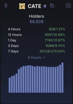 A CATE token holders statistics widget showing 68,828 total holders with growth metrics over various timeframes (4 hours to 7 days) and a bar chart on a 4-hour interval.