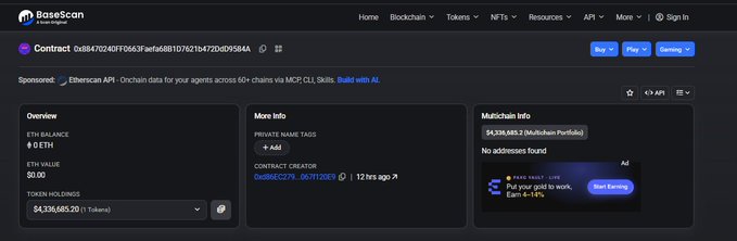 A screenshot of the BaseScan website showing an ETH balance of 0 ETH and an ETH value of $0.00 for a specific contract address.