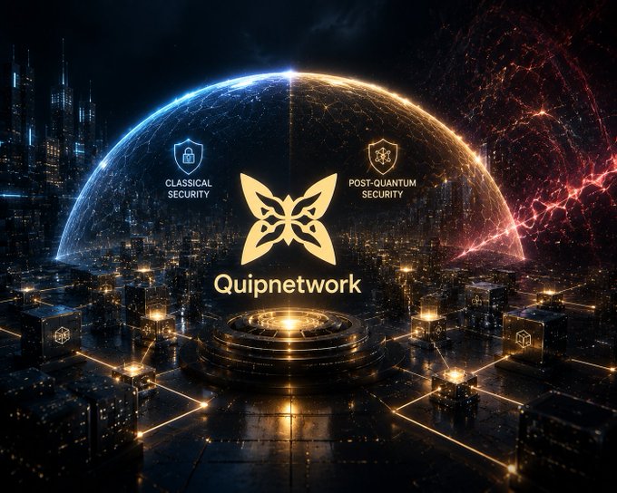 A promotional graphic for 'Quipnetwork' featuring a butterfly logo between 'CLASSICAL SECURITY' (padlock icon) and 'POST-QUANTUM SECURITY' (bug icon) above a stylized, glowing cityscape.