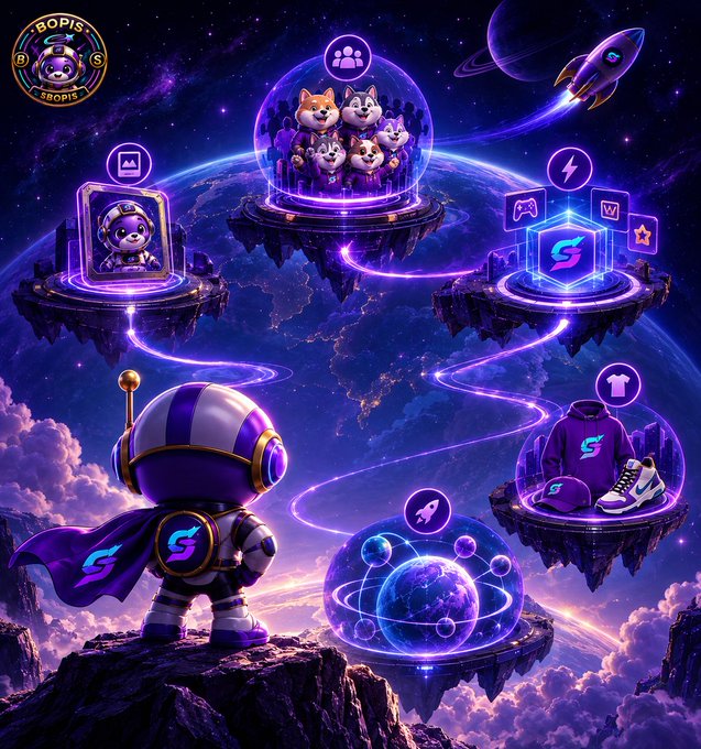 Vibrant digital artwork featuring a purple astronaut character on a cosmic planet viewing different floating islands containing gaming rewards, pet NFTs, merchandise, and collectibles.