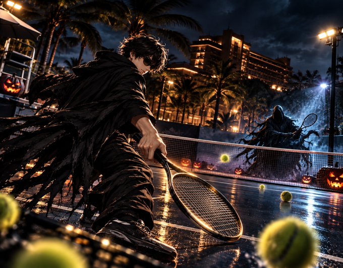 A dark, digital artwork depicts a tennis match at night, where a player in dark, tattered clothing swings a racket to hit glowing tennis balls toward a grim reaper-like opponent.