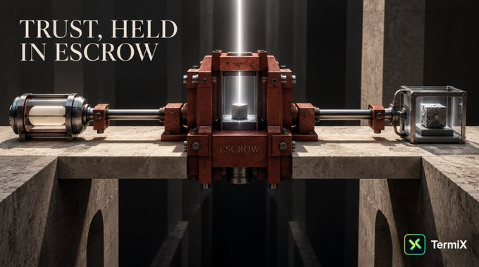 A mechanical "ESCROW" apparatus suspends a glowing cube between two opposing arms across a stone chasm, with the text "TRUST, HELD IN ESCROW" and the TermiX logo, visually representing the balanced hold of value between AI agent clients and providers in AACP's escrow flow.