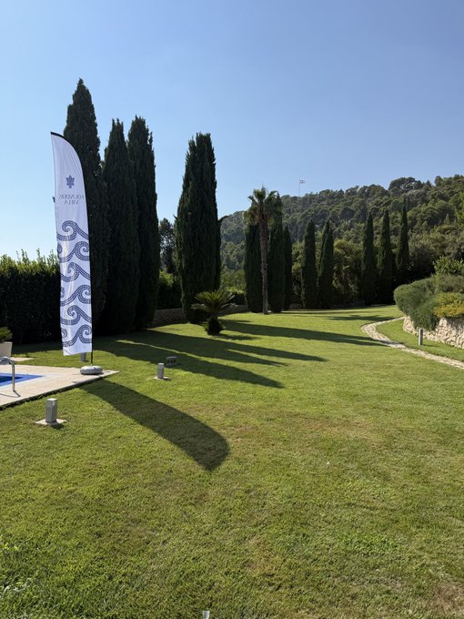 A sunny outdoor scene featuring a 'Shark Tank' branded flag on a manicured lawn, surrounded by tall cypress trees and greenery, with a pool visible on the left.