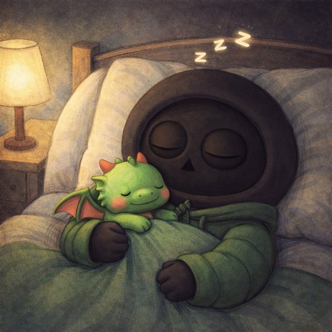 An illustration of a stylized character with a black hood-like head sleeping in a bed with a small green dragon plushie tucked under the covers.