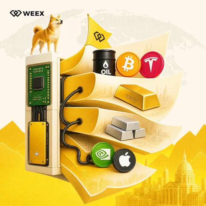 A Shiba Inu dog wearing a WEEX-branded flag stands atop a stylized server/crypto mining rig connected to various asset icons including Oil, Bitcoin (BTC), Tesla, gold bars, silver bars, NVIDIA, and Apple, set against a golden cityscape backdrop—visually evoking an early-stage, multi-asset crypto trading or mining venture that aligns with the caption "Just early."