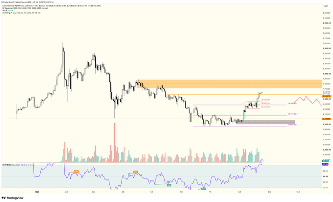 The image shows a TradingView candlestick chart of XAU/USD on Binance (OANDA data) displayed in USDT, featuring an orange supply zone around the 4700–4800 level, an annotated bullish projection path toward 4800, and a corresponding volume/RVI indicator panel below. It visually supports the post's claim that gold ($XAU) is consolidating around 4600 with bullish momentum building toward a 4800 target, a move the author says is being overshadowed by Bitcoin's ($BTC) rally.