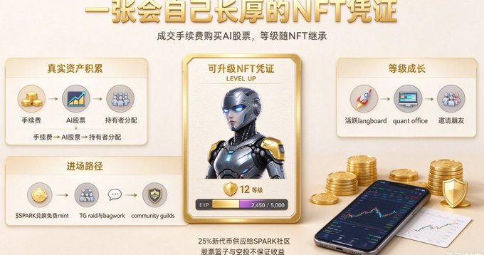 A Chinese promotional graphic for an NFT voucher/certificate system featuring a robot avatar, with text about 真实资产积累 (Real Asset Accumulation), 可升级NFT凭证 (Upgradable NFT Voucher), and earning 25% returns from $SPARK community.