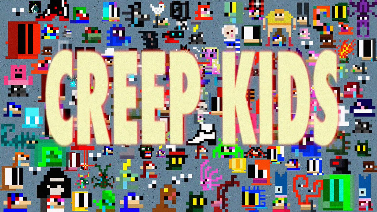 The image features a large collection of various characters or objects scattered across the frame, with some overlapping each other. The text "Creep Kids" is prominently displayed at the top center of the image. This suggests that the image could be related to an advertisement for a game or a digital art piece featuring pixelated characters and elements.