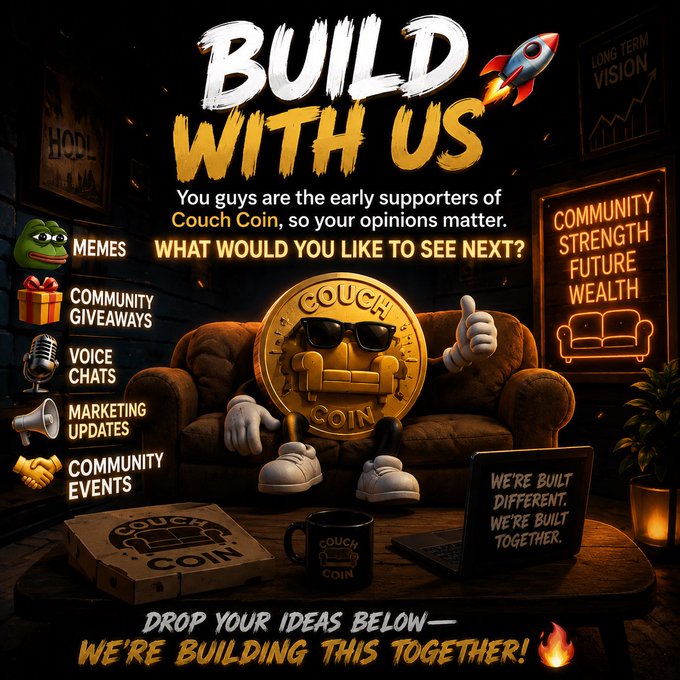 A "Build With Us" promotional graphic for "Couch Coin" featuring a cartoon coin character wearing sunglasses sitting on a brown couch, with menu options for memes, giveaways, voice chats, and marketing updates listed on the left.