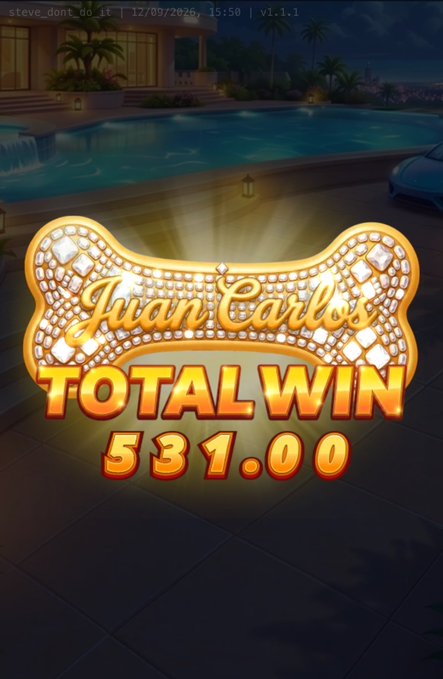A screenshot from a slot game called "Juan Carlos" shows a "TOTAL WIN" of 531.00 against a luxury poolside backdrop, illustrating the winnings the user is celebrating in their post about passing $10 back to the community on Gamdom.