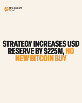 A Bitcoin.com News graphic with the headline "STRATEGY INCREASES USD RESERVE BY $225M, NO NEW BITCOIN BUY" in bold black and orange text, illustrating the news that Strategy (formerly MicroStrategy) added $225 million to its USD reserve as of July 19, 2026, while holding 843,775 BTC and making no new Bitcoin purchases.