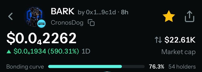 A cryptocurrency tracker interface shows the token BARK (CronosDog) trading at $0.0₄2262, up 590.31% to $0.0₄1934 over 1 day, with a market cap of $22.61K and a bonding curve at 76.3% with 54 holders.