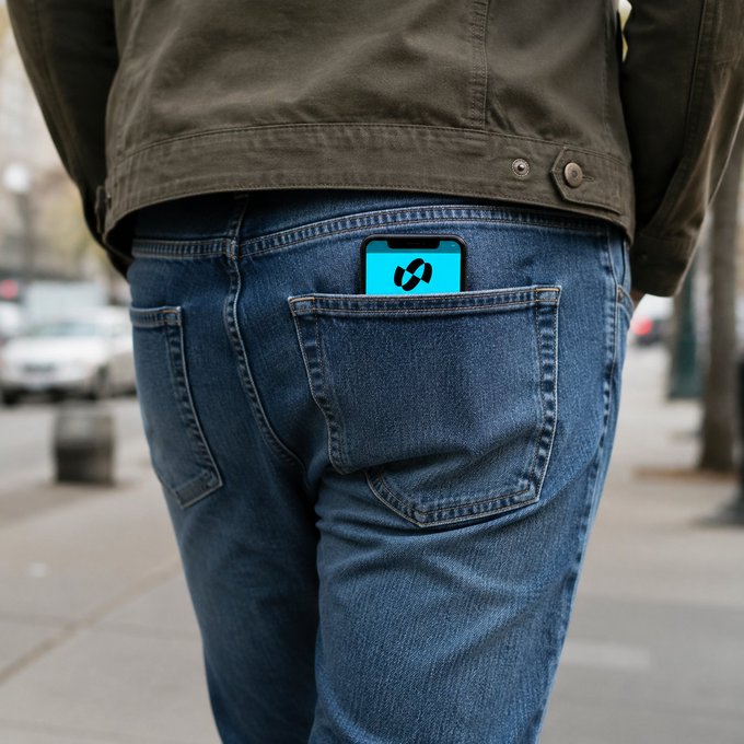 A person wearing jeans and a dark jacket stands on a city sidewalk with a smartphone partially tucked into their back pocket, its screen displaying a teal logo. The image visually reinforces the caption's message that stock or crypto markets are now accessible anywhere, fitting "in your pocket."