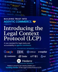 The image is a promotional graphic announcing the "Legal Context Protocol (LCP)" as a new standard for legal clarity and accountability in agentic commerce, featuring logos of founding contributors including Hedera, Google, IBM, Wayfair, Cardano, Stabler, APIS, and Hedera (Hashgraph). It visually supports the post's mention of Hedera being a founding contributor to the LCP from ADR alongside major companies like Circle, Google, and IBM.