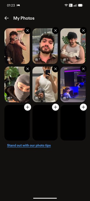 A mobile app screen showing 'My Photos' with a grid of six uploaded photos of a young man and three empty slots, with the prompt 'Stand out with our photo tips' below.