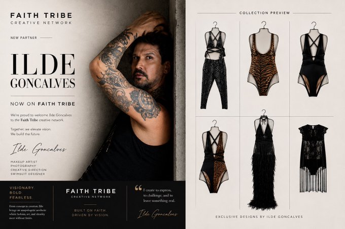 The image is a promotional spread announcing Ilde Goncalves as a new partner on the Faith Tribe creative network, featuring a portrait of the tattooed, visionary designer alongside a collection preview of his exclusive designs—including bodysuits, a feathered gown, and a fringed dress. A quote from Goncalves reads, "I create to express, to challenge and to leave something real," reinforcing the post's announcement of his exclusive drop available on marketplace faithtribe.io.