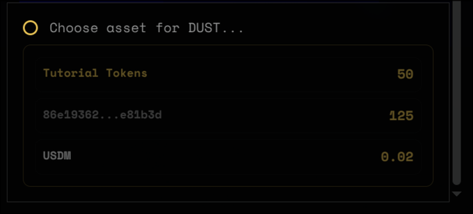 The image displays a "Choose asset for DUST..." selection menu in a digital interface, listing three payment options: Tutorial Tokens (50), a truncated token ID "86e19362...e81b3d" (125), and USDM priced at 0.02. This relates to the announcement by showing the new option to pay for Midnight blockchain transactions with USDM via the Capacity Exchange at the sponsored rate of $0.02 per transaction.