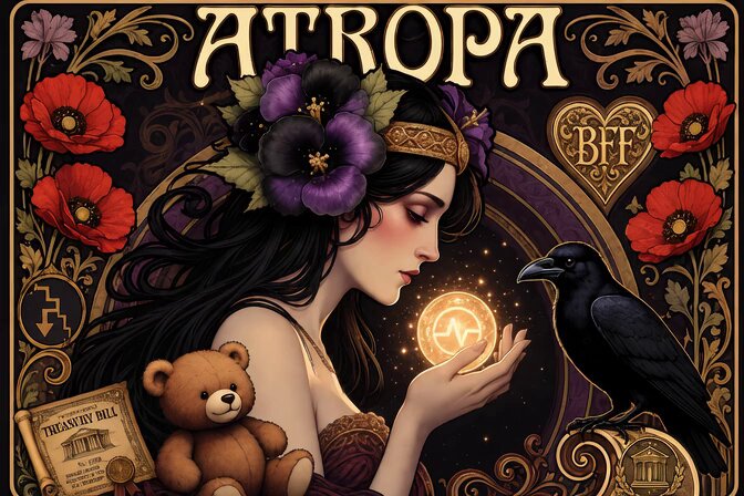The image features a woman with long hair wearing a crown holding a crystal ball, surrounded by flowers and a teddy bear. The caption reads "Atropa BEAR" above her head, which is related to the post about Teddy Bear We Trust. The post also mentions that building trust in the Atropa ecosystem takes time, patience, and integrity.