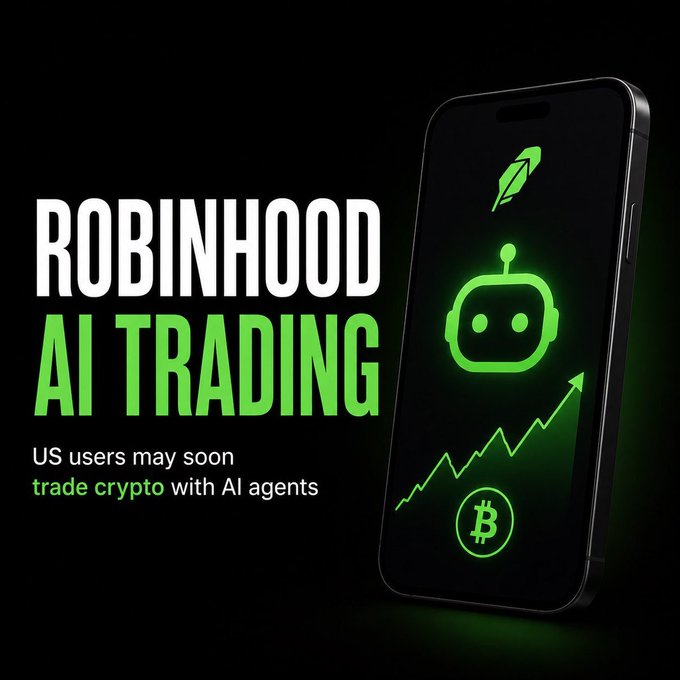 A promotional graphic displays "ROBINHOOD AI TRADING" with the text "US users may soon trade crypto with AI agents," alongside a smartphone showing a green robot icon, a rising line graph, and a Bitcoin symbol.