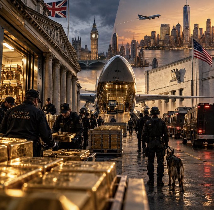 Armed personnel from the "Bank of England" oversee the loading of massive gold bars onto a cargo plane bound for the U.S., illustrating the staggering $4 billion gold transfer deal between Venezuela and America. The dramatic scene captures the scale of the 31-metric-ton shipment, with London landmarks and New York's skyline framing this unprecedented international asset transfer.