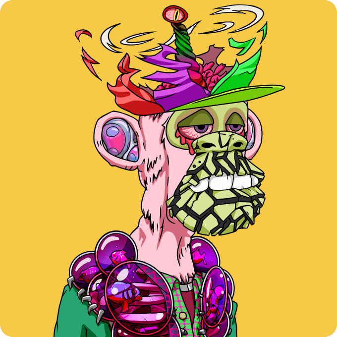 A digital illustration of a stylized monkey with a green, blocky beard, pink ears, a colorful hat with feathers, and a green outfit with purple orbs on its shoulders, set against a yellow background.