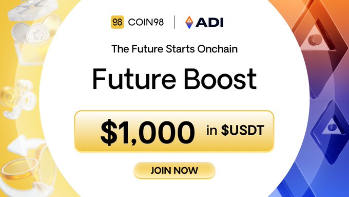 The image promotes a "Future Boost" campaign from Coin98 and ADI, offering $1,000 in $USDT as a bonus reward, with a "JOIN NOW" button for users to participate until 10:00 UTC on the 15th.
