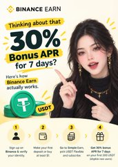 A Binance Earn promotional graphic featuring a woman with text offering '30% Bonus APR for 7 days' on USDT, with steps for sign-up, deposit, and subscription to earn rewards.