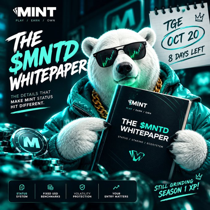 A promotional graphic features a polar bear wearing sunglasses and a puffer jacket clutching a book titled 'THE $MNTD WHITEPAPER' with 'TGE OCT 20 - 8 DAYS LEFT' written on a notepad.