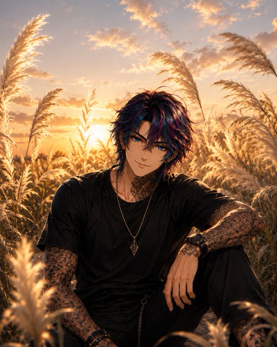 An anime-style illustration of a young man with dark hair streaked with pink and blue, wearing a black shirt and an ornate necklace, sitting in tall golden pampas grass at sunset with detailed patterned sleeves.