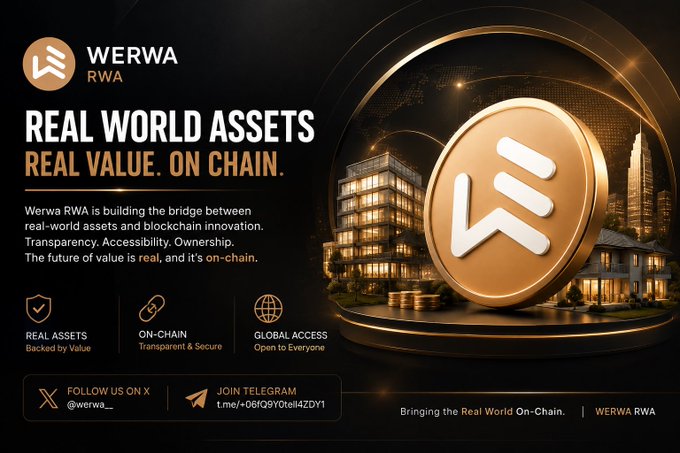 A promotional graphic for "WERWA RWA" featuring a large gold coin with the "W" logo alongside imagery of real estate (a modern apartment building and house), with the tagline "REAL WORLD ASSETS. REAL VALUE. ON CHAIN." and key benefits listed: Real Assets, On-Chain, and Global Access, plus social handles @werwa_ on X and a Telegram link t.me/+O6iQ9Y0tqll4ZDY1.