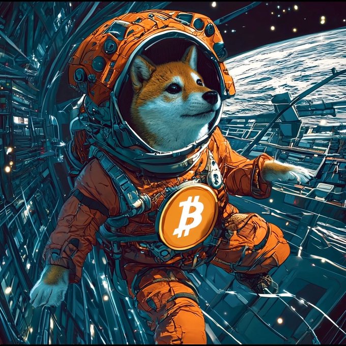 A digital illustration of a Shiba Inu dog wearing an orange spacesuit with a Bitcoin logo on the chest, floating in space with a planet visible in the background.