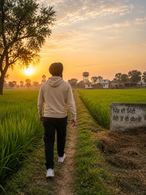 A person in a beige hoodie walks down a dirt path through green rice fields at sunset, with a stone sign displaying Punjabi text in the foreground.