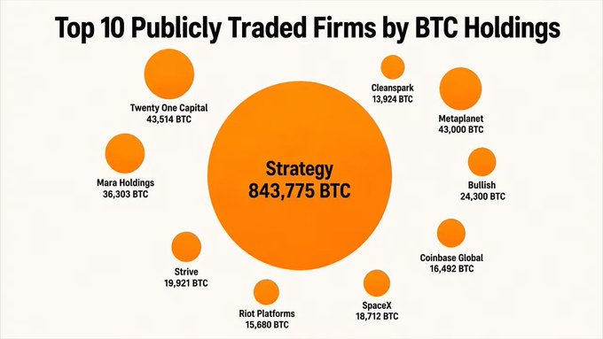 An infographic titled "Top 10 Publicly Traded Firms by BTC Holdings" with Strategy at the center holding 843,775 BTC, surrounded by smaller circles representing Twenty One Capital (43,514), Metaplanet (43,000), Cleanspark (13,924), Bullish (24,300), Mara Holdings (36,303), Coinbase Global (16,492), Strive (19,921), Riot Platforms (15,680), and SpaceX (18,712).