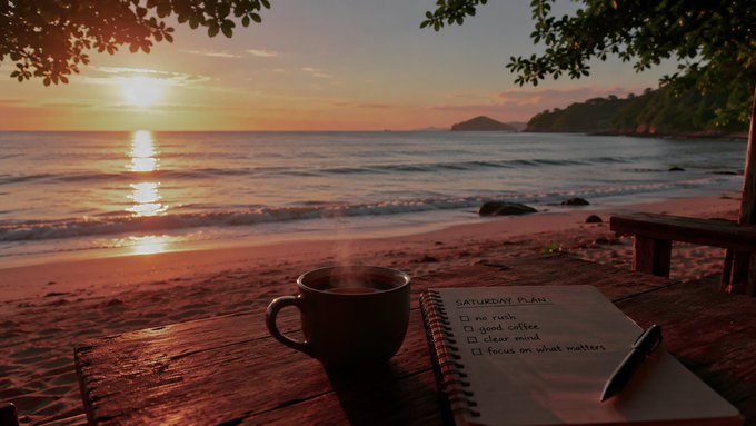 A serene beach scene at sunset with a steaming cup of coffee and a notepad displaying 'SATURDAY PLAN' with checkboxes for 'no rush', 'good coffee', 'clear mind', and 'focus on what matters'.